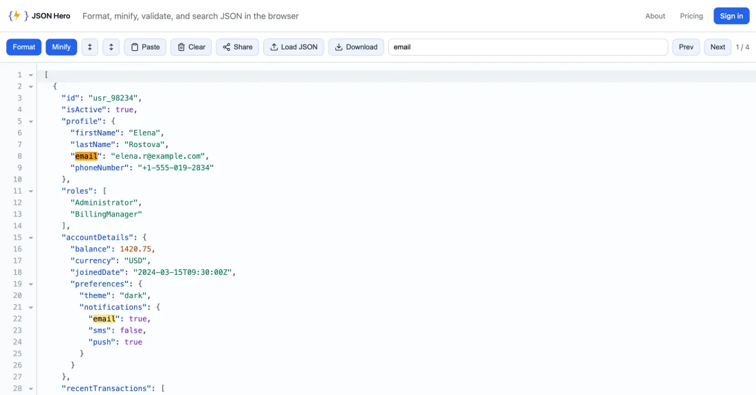 The jsonhero.dev editor showing formatted JSON with search matches highlighted