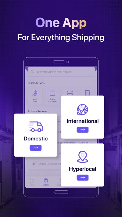 Store screenshot: one app for domestic, international and hyperlocal shipping